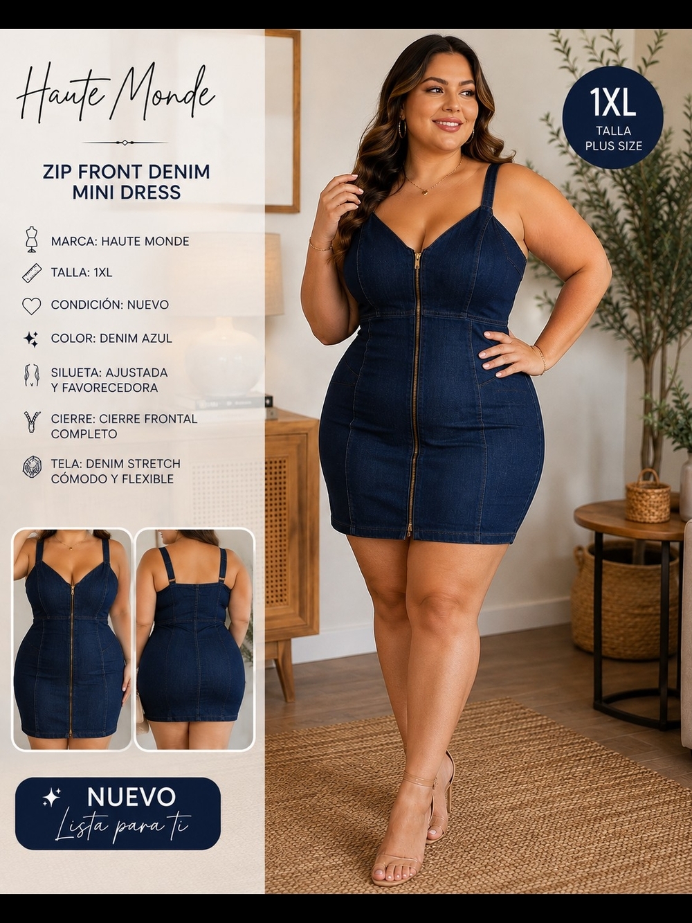 Haute Monde Denim Blue Zip-Front Mini Dress